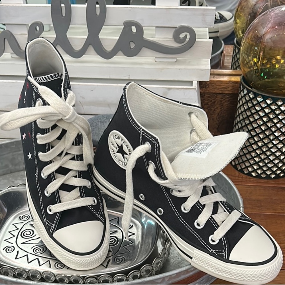 Converse Navy Blue and White Chuck Taylor Sneakers w/ red/pink/white stars